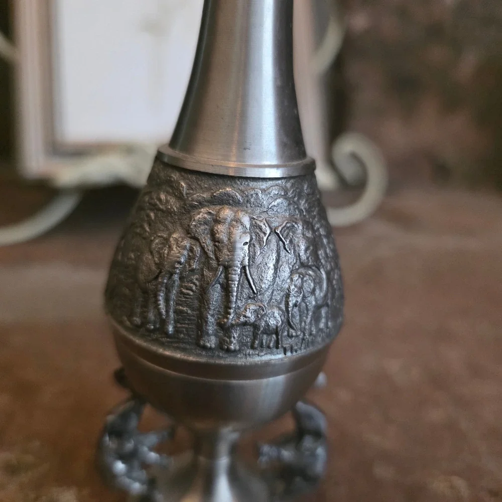 Vintage Pewter Silver Elephant Bud Vase Safari Scene Embossed Metal Decor 7 inch